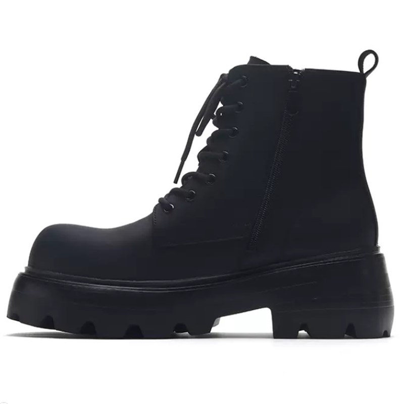 7cm秋冬季牛皮马丁靴男厚底工装鞋增高黑色哑光高帮大头德比靴