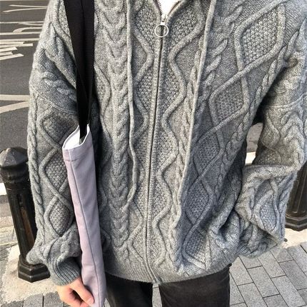 秋冬季轻熟e风休闲针织衫男外套连帽开衫春秋韩版潮流宽松拉炼毛