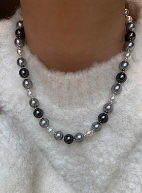 法式真多麻灰色珍珠项链女秋冬配饰2024新款轻奢高级感毛衣链颈链