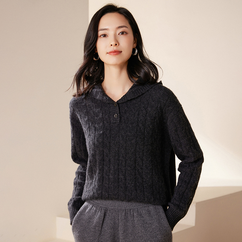 100%纯山羊绒连帽麻花长袖套头纽扣针织打底衫女气质显瘦休闲百搭