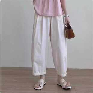 白色棉麻灯笼阔腿裤女春秋小个子萝卜九分裤亚麻宽松直筒裤奶奶裤