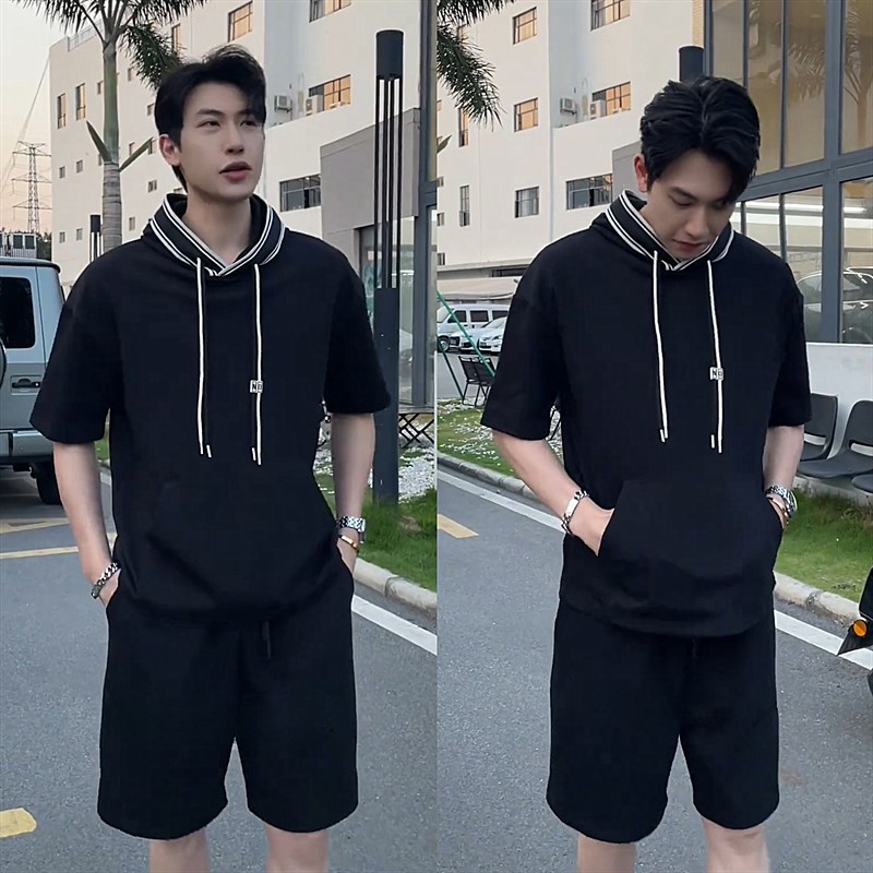 夏季拼接撞色抽绳连帽T恤短裤两件套男潮流简约宽松休闲运动套装