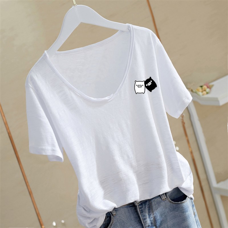 白色短袖t恤女2025夏季新款竹节棉宽松大码休闲U领印花上衣打底衫