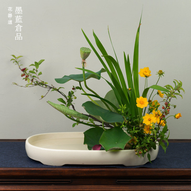 特大椭圆小判花器花盆 小原w流写景盛花插花日式花道花艺展出布景