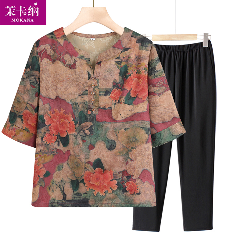 中老年人夏装女奶奶短袖套装妈妈薄款T恤老人衣服太太休闲两件套