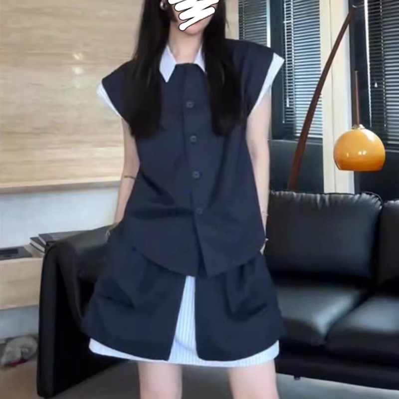 夏装搭配一整套女设计感拼t色假两件马甲上衣高腰工装半身裙两件