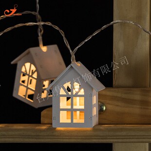 木质房子格子灯串 木灯笼室内客厅装饰灯 10LED灯电池暖白165cm长