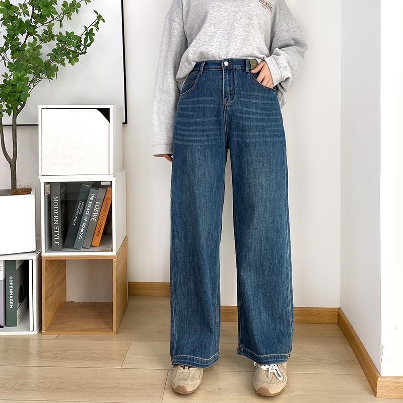 大码复古窄版直筒牛仔裤女春季高腰开叉宽松做旧蓝色显瘦裤子胖mm