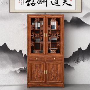 实木带门书柜书架新款 中式 三组合榆木展示柜玻璃书房办公室用仿古