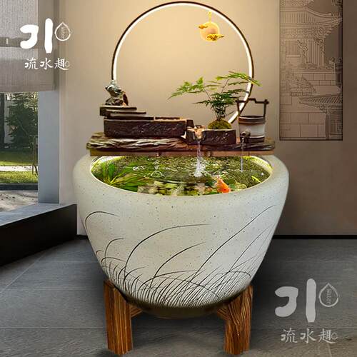 生态鱼缸陶瓷罐开口循环流水配件庭院花园造景流水循环摆件