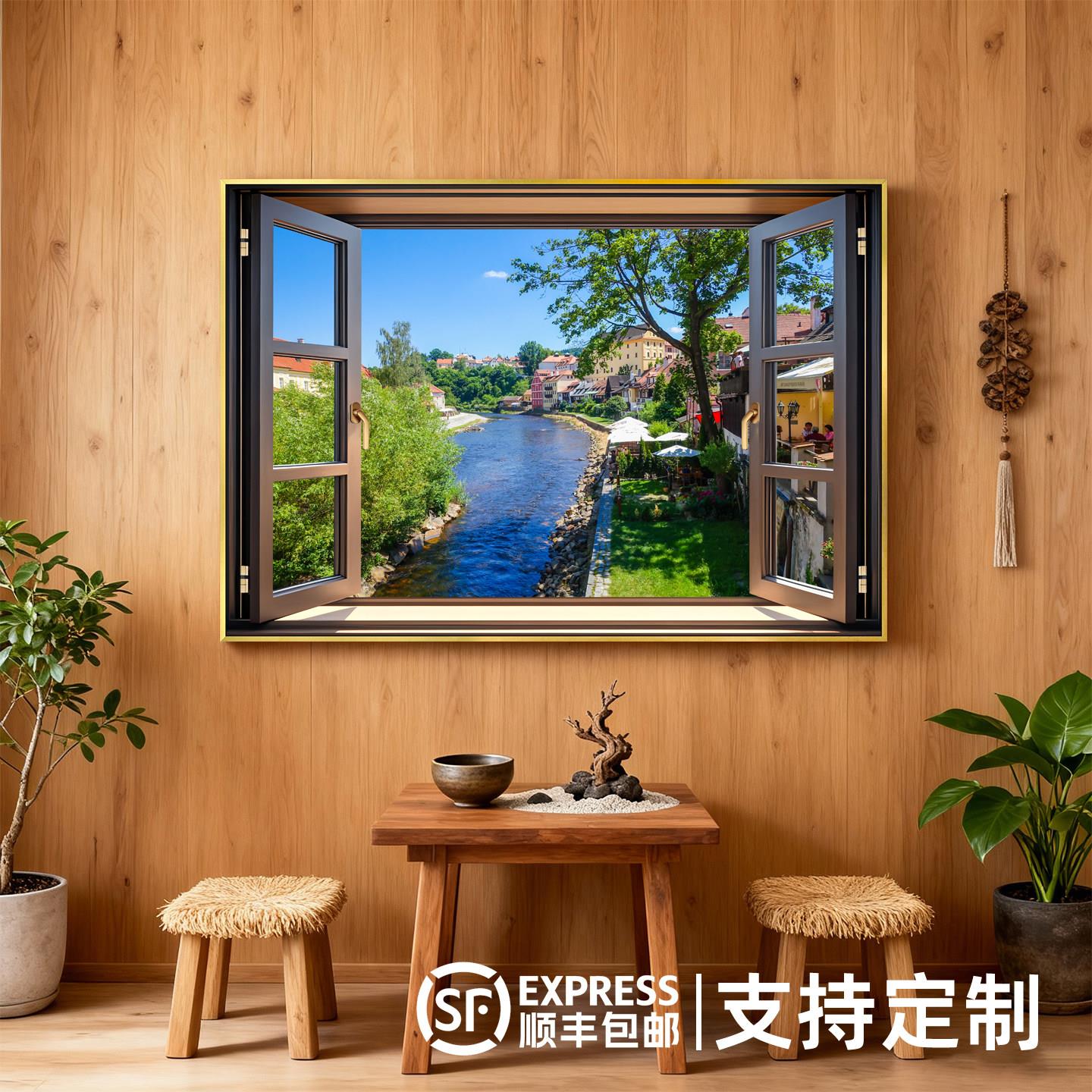 窗外假景延展画客厅沙发背景墙装饰画卧室逼真假窗户山水风景壁画