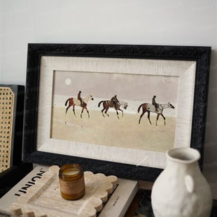 【海边骑马】粉色浪漫法式复古油布装饰画中古黑色雕花框餐厅挂画