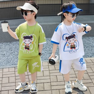 5中小童6儿童卡通两件套7岁 哪吒衣服夏季 3男童夏装 休闲运动风短袖