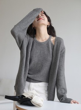 灰色毛衣外套2i024新款宽松慵懒风加厚针织吊带开衫两件套上衣秋