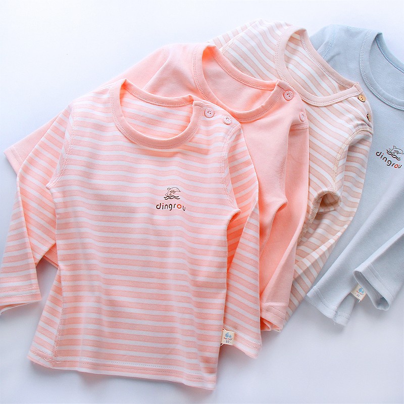 2件装无痕d儿童T恤纯棉长袖男女宝宝厚秋衣小孩条纹打底衫圆领上