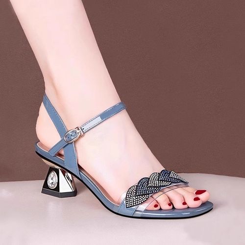 水钻露趾中跟凉鞋女粗跟2025夏季新款时装鞋时尚百搭一字带高跟鞋