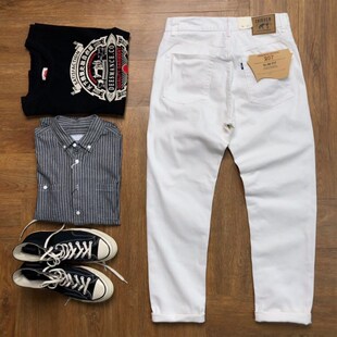 重磅美式休闲宽松直筒工装白色牛仔裤男水洗纯棉厚白胚微弹长裤潮