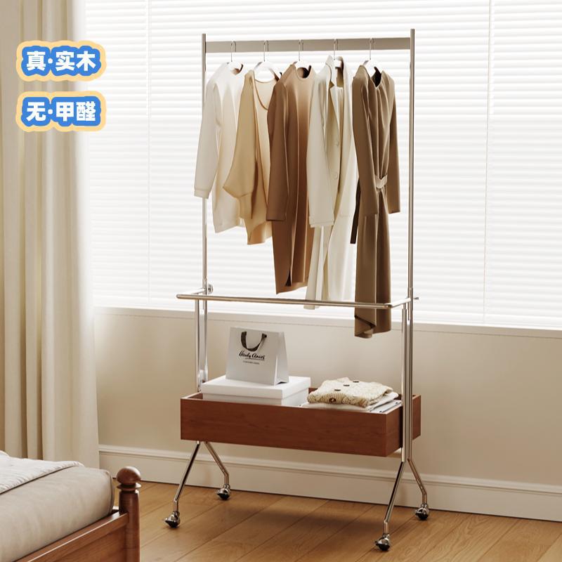 中古收纳挂衣架落地式卧室家用室内可移动衣帽架实木衣服陈列货架