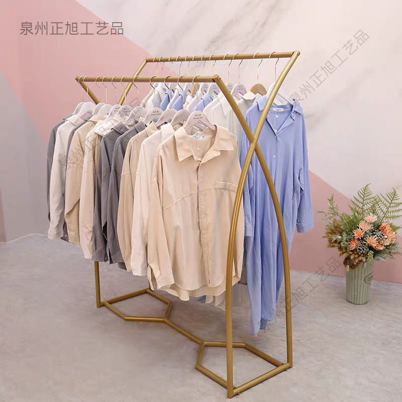 金色中岛架落地架 简约服装店展示架双排架中间货架双杠侧挂衣架