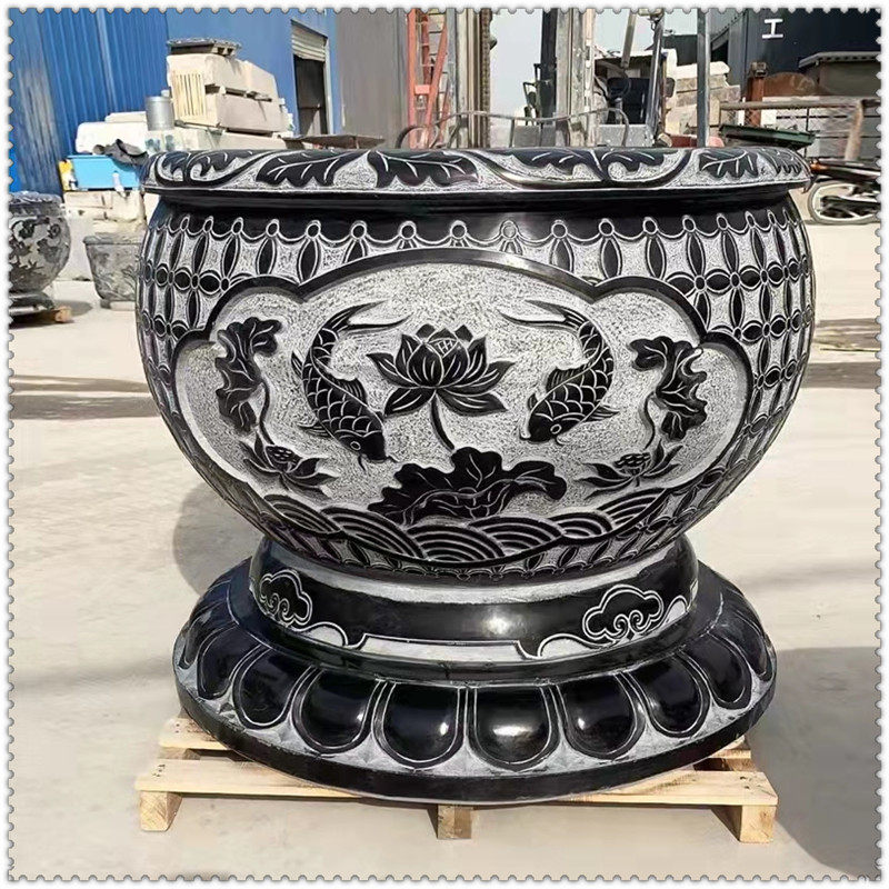青石仿古鱼缸花盆庭院造景流水摆件石雕养鱼圆缸户外石头花盆