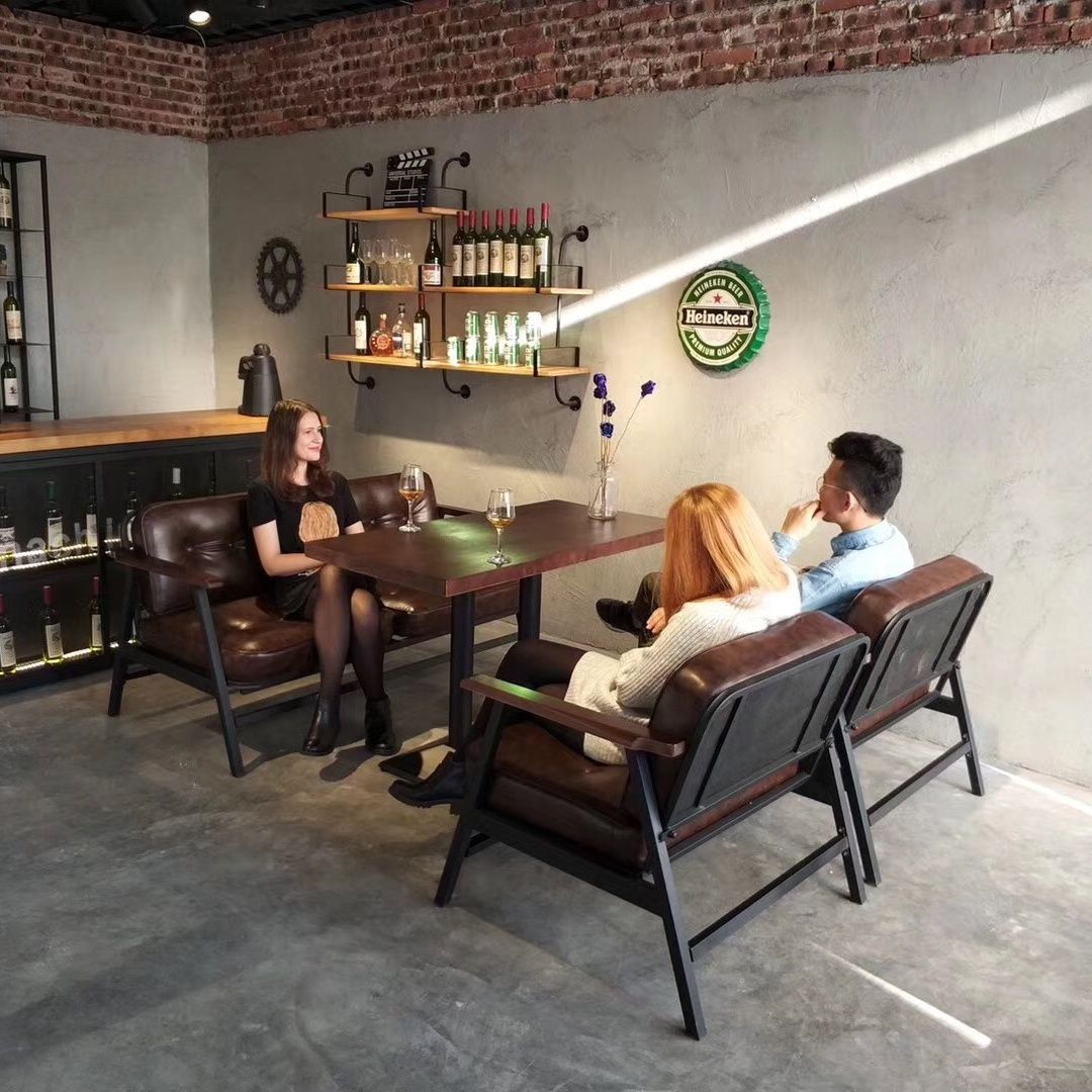 美式工业风铁艺沙发服装店清吧懒人客厅双人皮艺酒吧卡座茶几组合