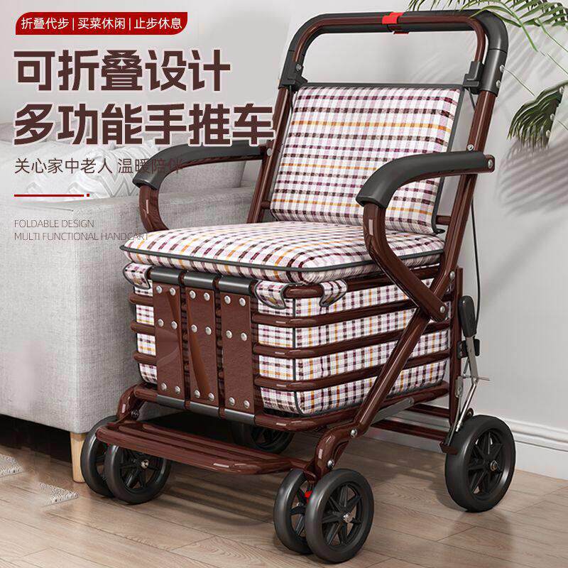 老人手推车可坐折叠代步助力购物小推车老年人坐的能推走的软椅子