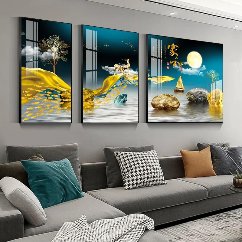 现代轻奢客厅装饰画家和富贵创意三联画沙发背景墙挂画寓意好壁画