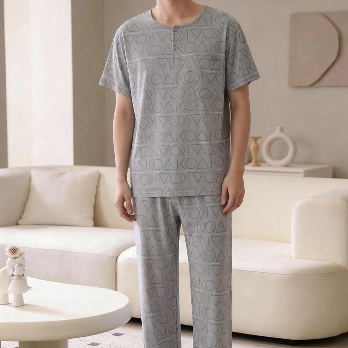 2026新款棉绸睡衣男士夏季短袖长裤套装爸爸款人造棉家居服两件套