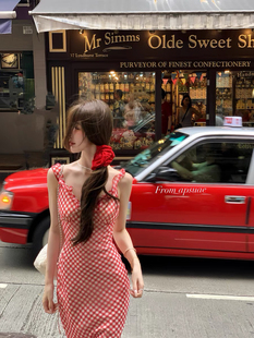 白水女【熟樱桃~】红色格子吊带鱼尾裙女法式温柔海边度假连衣裙