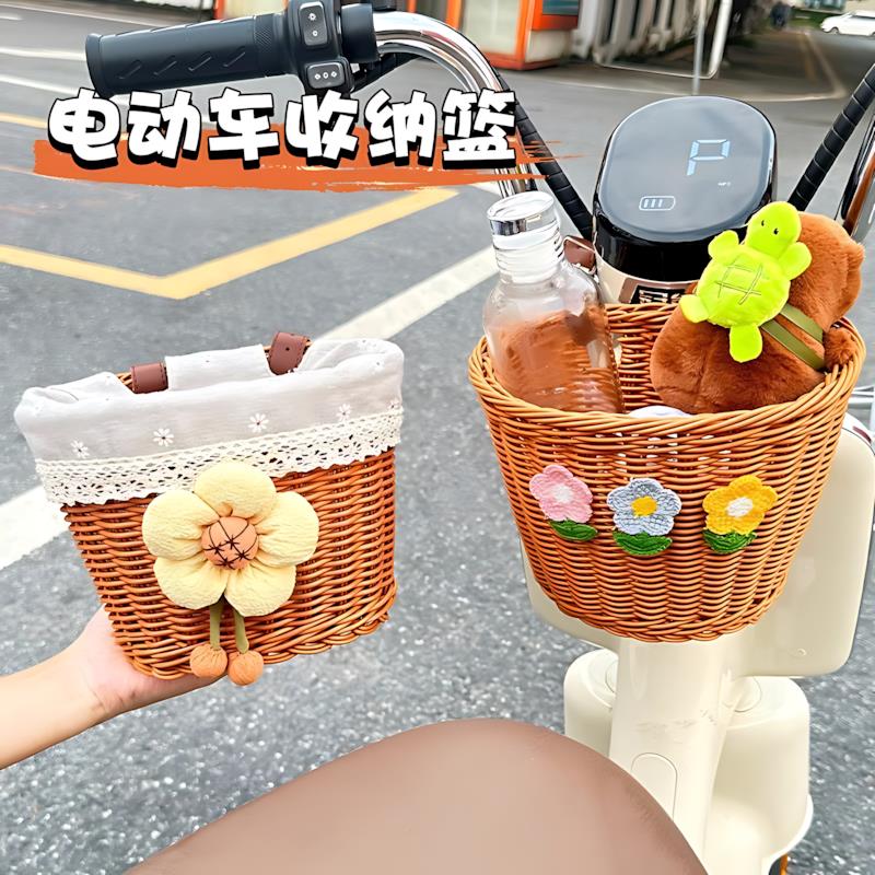 电动车后置车篮车筐编织储物车篓田园风自行娃物置篮车多功能遛车