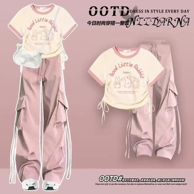 少女大童夏季套装2025新款初中生短袖T恤+工装裤休闲运动两件套潮