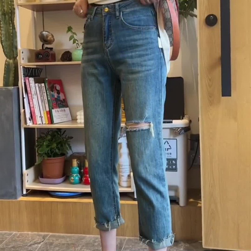 梨形身材破洞直筒牛仔裤女夏季薄款胖妹妹高腰显瘦烟管弹力九分裤