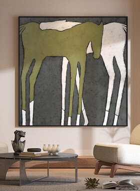 现代轻奢客厅书房玄关装饰画绿色复D古小众插画马背景墙壁方型挂
