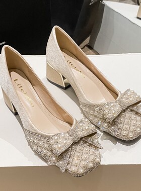 粗跟水钻a单鞋大码女鞋40-43高跟鞋女婚鞋新娘伴娘鞋高级感不累脚