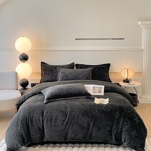 冬季潮牌高级感欧式轻奢天鹅绒男生灰色耐脏O牛奶绒床单被套四件