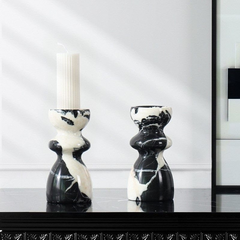 法式烛台天然大理石中古摆件高级感烛台家居氛围感玄关餐厅装饰品