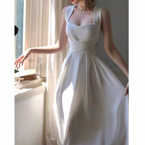 法式小众轻奢白色修身连衣裙小白裙礼服日常伴娘裙收腰气质长裙秋