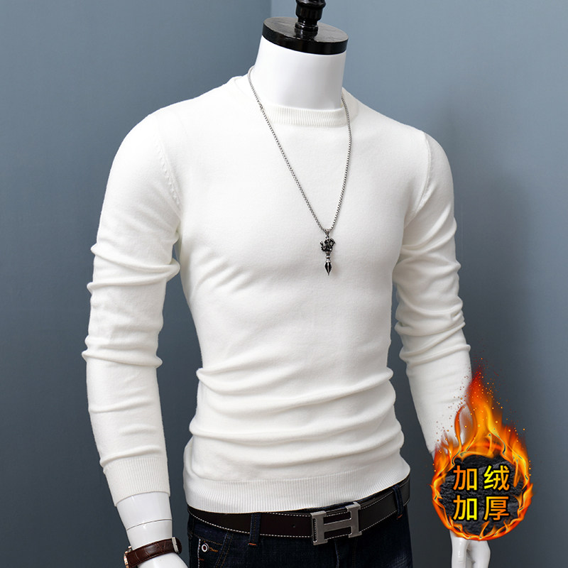 男士圆领套头羊绒毛衣修身纯色冬季加绒加厚保暖打底针织衫外穿潮