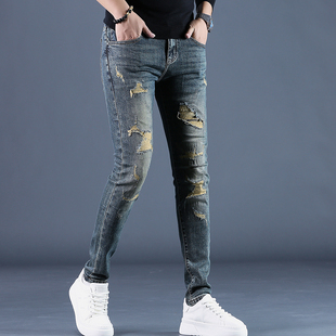 复古破洞裤子男款2025秋季新款潮流韩版弹力修身小脚休闲牛仔裤男