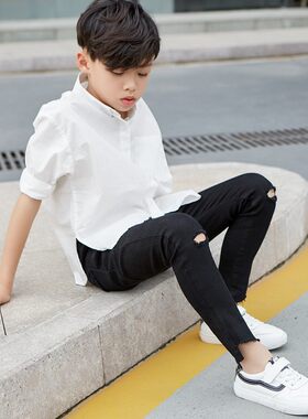 童装2021新款春装男童牛仔裤子黑色宝宝潮韩版儿童紧修身小脚长裤