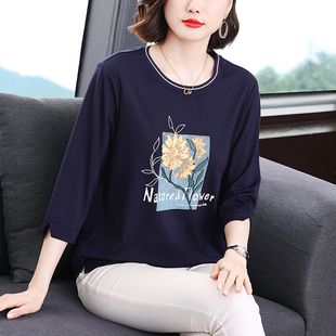 中袖 夏装 t恤打底衫 宽松洋气中年女士妈妈七分袖 上衣丅 2024年新款