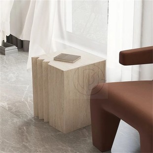 黄洞石开槽雕塑台大理石六面几何体电视柜装 饰品极简沙发边几摆件