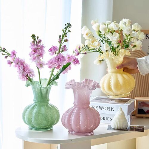 中古柔美亮瓷粉色南瓜形芬顿手工玻璃花瓶水养插花器家居装饰摆件