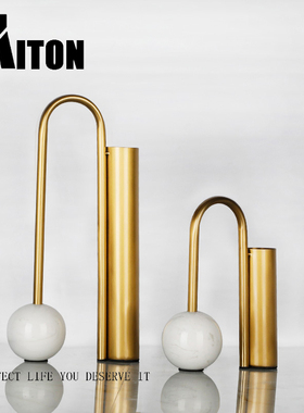 欧式轻奢现代镀铜金属大理石摆件花器样板间酒店会所软装摆设装饰