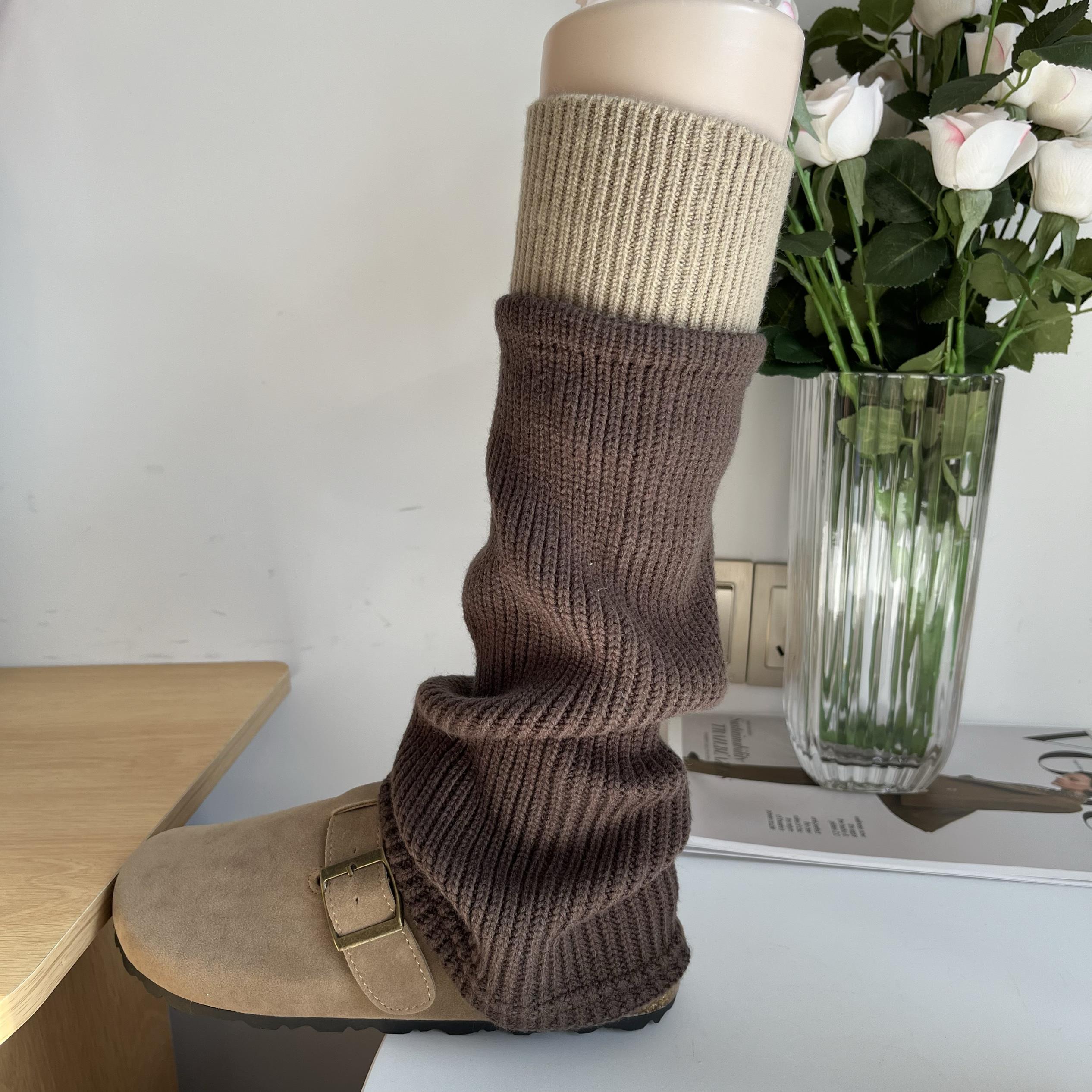 微喇阔腿咖啡棕色羊毛袜套女秋冬时髦复古拼色针织腿套防滑不易掉