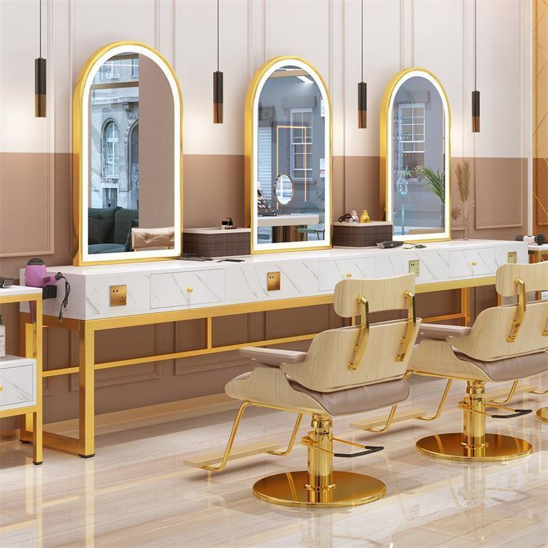 理发店专用镜子梳妆台配有轻型双面大理石柜烫染台梳妆台理发镜