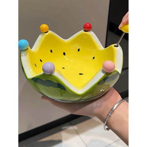 创意西瓜碗水果叉家客厅咖啡桌水果盘碗高价值不锈钢水果叉集