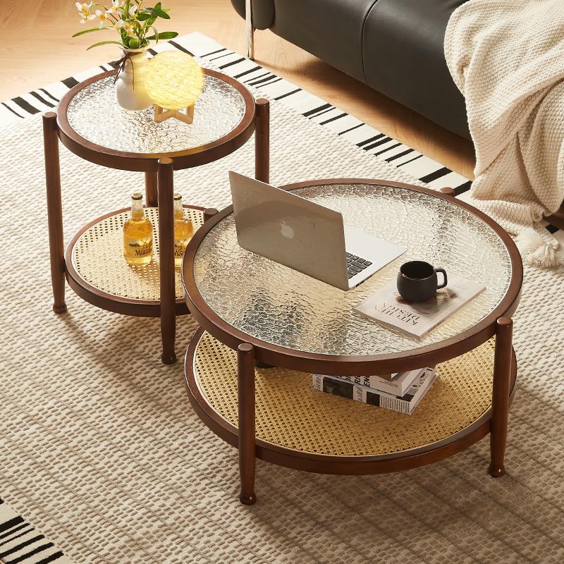 中古实木藤编茶几桌子冰花玻璃双层沙发边几家用客厅大小茶几组合