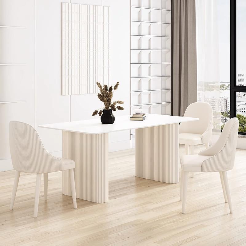奶油风岩板餐桌法式现代白长方形餐桌椅子小户型组合简约轻奢家用