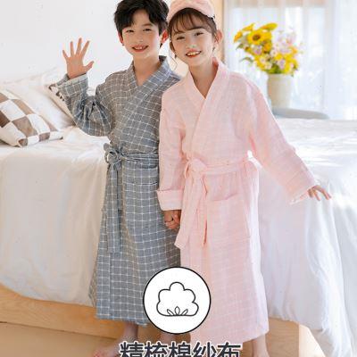 高端纯棉儿童浴袍女童洗澡游泳春秋吸水速干可穿浴巾男童纱布浴衣